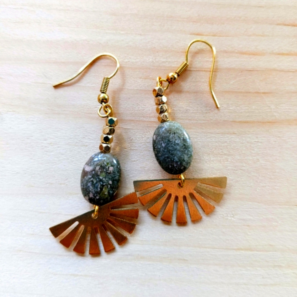 Green and Grey Oval Unakite Earrings with Golden Sun Charm